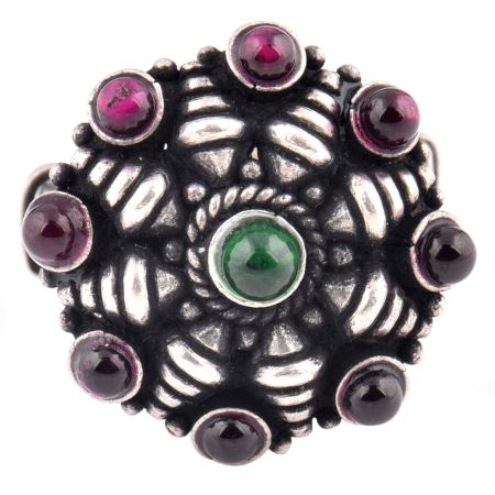 92.5 Sterling Silver Ring Conch Starry Design Amethyst and Onyx Wedding Wear (Free Size)