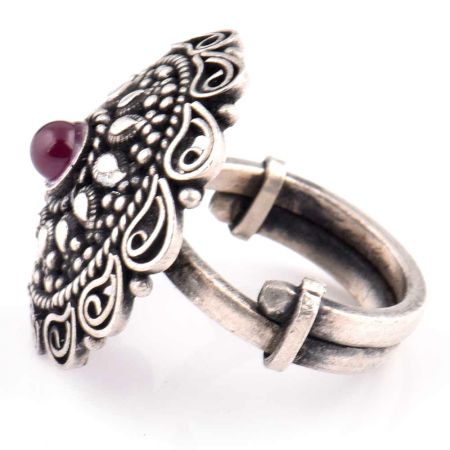 92.5 Sterling Silver Ring  Adjustable With Round Amethyst with Pear and dotted Motifs And Scroll Design (Free Size)