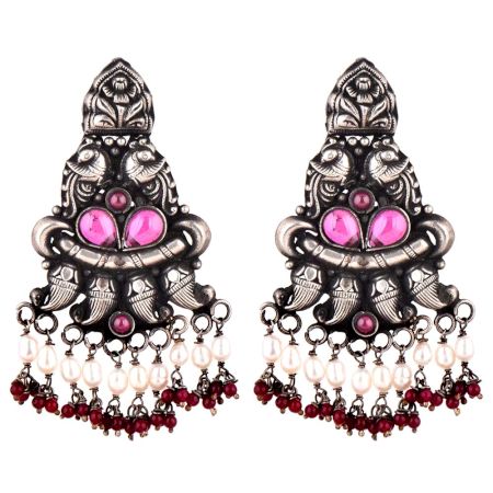 Long Floral 92.5 Sterling Silver Earrings Peacock Motif Pearl And Red Agate Tassels