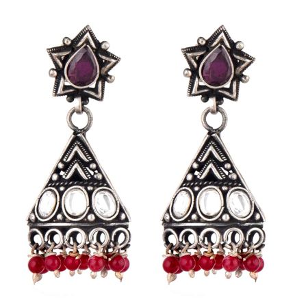 Triangular 92.5 Sterling silver Jhumki Earrings With Amethyst stud And Garnet Beads Hanging