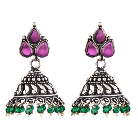 Amethyst Stud 92.5 Sterling Silver Earrings Jhumki With Onyx Beads Tassels