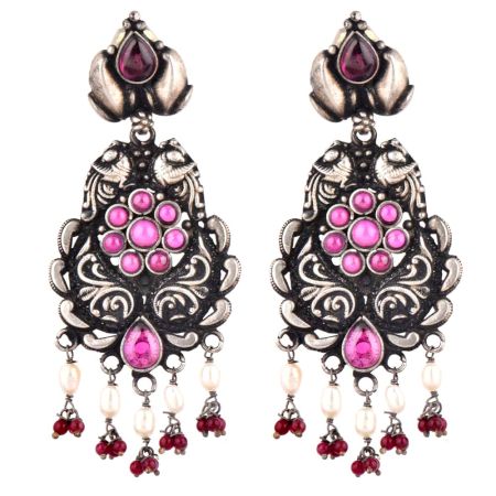 92.5 Sterling Silver Earrings Peacock Fuchsia Danglers With Red Chalcedony And Pearl Tassels For Girls