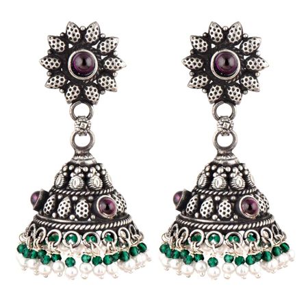 Dotted Floral Stud 92.5 Sterling Silver Earrings With Green Peridot And Pearl Jhumkis