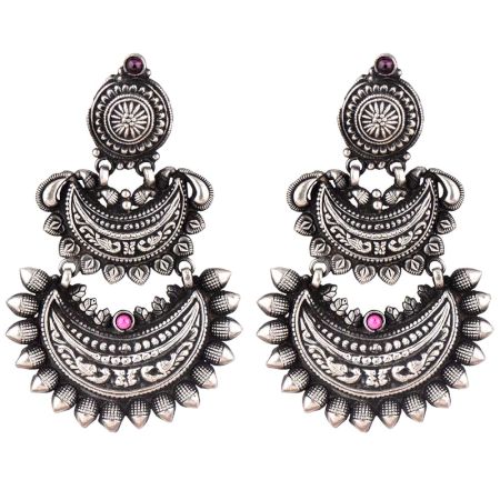 Three Layered 92.5 Sterling Silver Earrings Chandbali Pink Fuchsia Intricate Floral Design