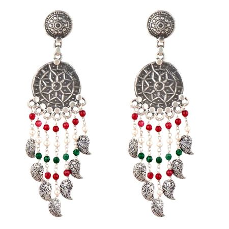 Dream Catchers 92.5 Sterling silver Earrings Oxidized Green Peridot Red Chalcedony And pearl Beads