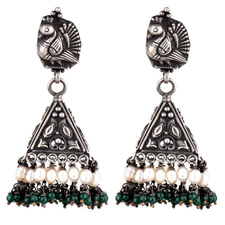 Peacock Engraved 92.5 Sterling silver Earrings Pyramid Shaped Jhumkis With Green Aventurine and Pearl Beads