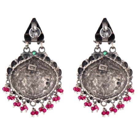 92.5 Sterling silver Earrings Big Floral Deign Engraved Danglers Pink Tourmaline Beads Green Peridot