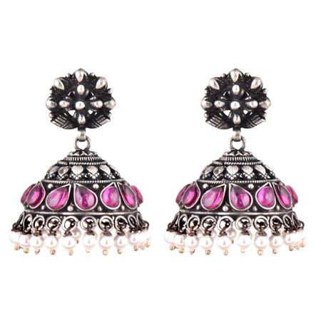 Pink Tourmaline Studded 92.5 Sterling silver  Earrings  Floral With Pearl Beads tassels