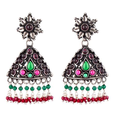 Multicolored Triangular Sterling Silver Earrings Stone Studded jhumki