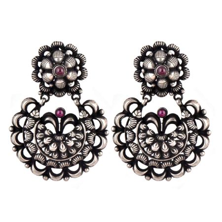 Embossed Design 92.5 Sterling silver Earring Chandbali Amethyst Stone Studdded Danglers