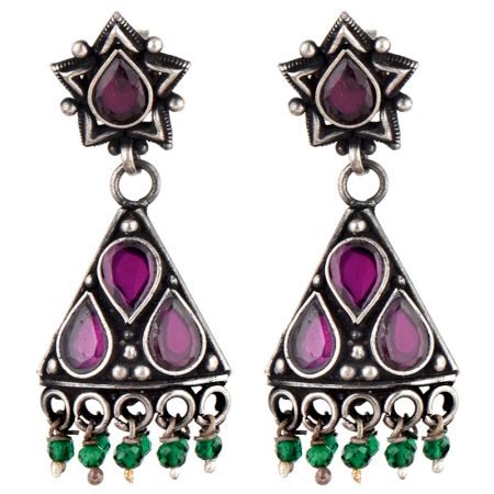 Small 92.5 Sterling silver Earrings Amethst Studded Pyramid  Jhumki with Green Onyx Beads