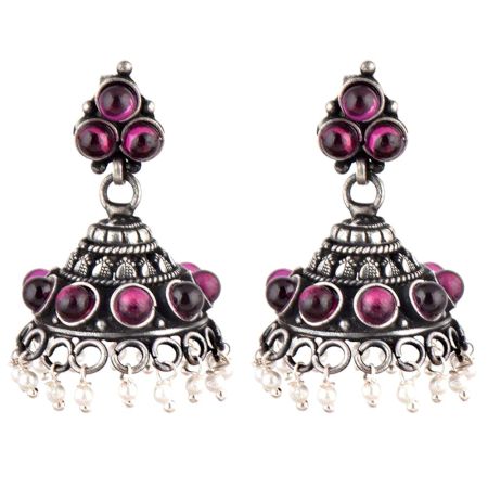 92.5 Sterling silver Earring With Amethyt Stones And Pearl Beads Hanging  Jhumki For Girls