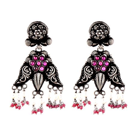 92.5 Sterling Silver Earrings Floral Vines Three corners pearl and Jade Quartz Stone Tassels