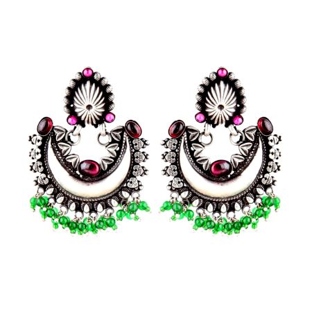 Colorful 92.5 Sterling Silver Chandbali Earrings Pink Jade Quartz And Green Peridot Beads Tassels