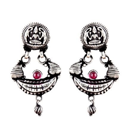 Traditional 92.5 Sterling Silver Earrings Goddess Laxmi with Elephants Stud Pink Jade Quartz Danglers