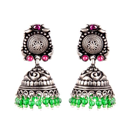 92.5 Sterling Silver Earrings With Engraved Design Fuchsia Jade And Green Onyx Jhumki