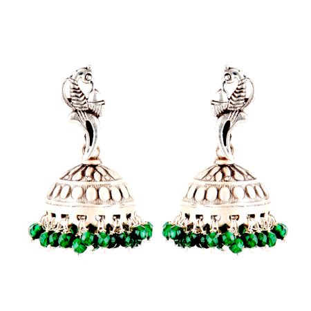 92.5 Sterling Silver Earrings Standing Peacock Engraved jhumkis Green Onyx Beads Tassels
