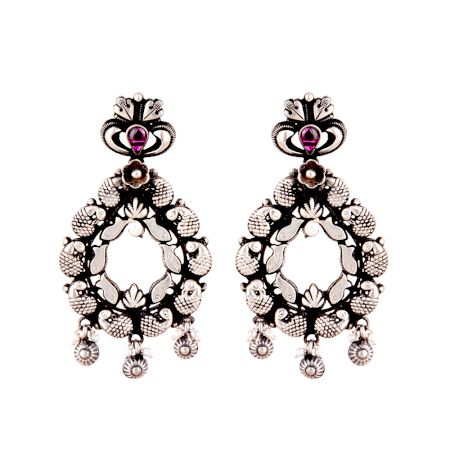 92.5 Sterling Silver Earrings Fish Motifs Wreath Pattern Amethyst Stone