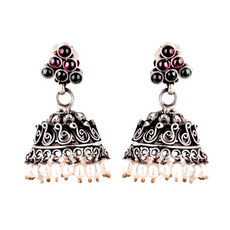 92.5 Sterling Silver Earrings Pink Jade and green Onyx Stone Studded Jhumkis with Pearl Hangings