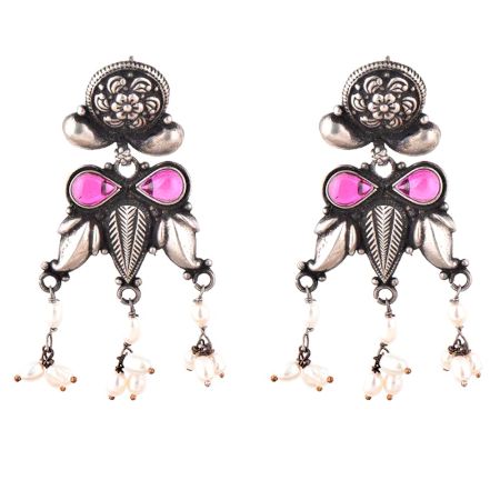 92.5 Sterling Silver Earrings With Engraved Floral Pattern Motifs Pink Jade Stone And Pearl Tassels