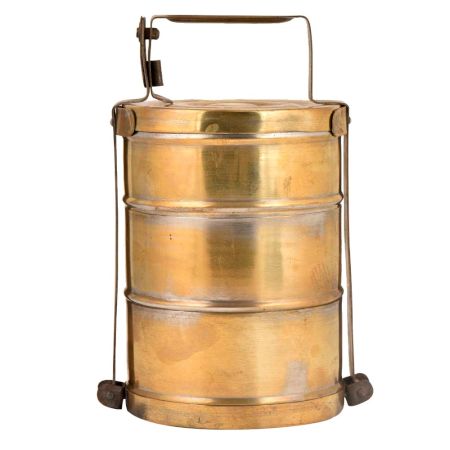 Brass Tiffin Box Three Broad Containers Brass Strap Frame