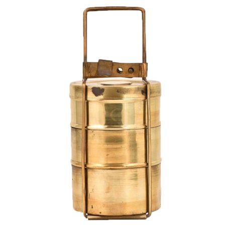 Brass Tiffin Box With Three Container In Golden Finish