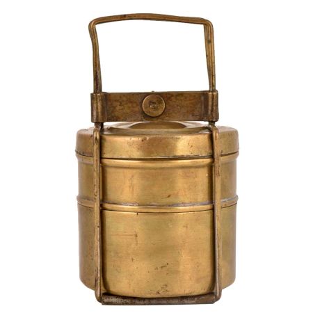 Brass Tiffin Box With Two Containers And Brass Strap Frame