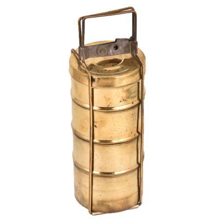 Big Brass Tiffin Box With Four Containers And A Brass Strap Frame