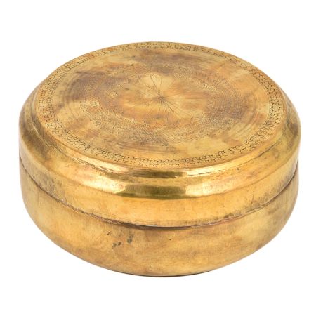Round Brass Tiffin Box Flower Design In Centre Of Lid