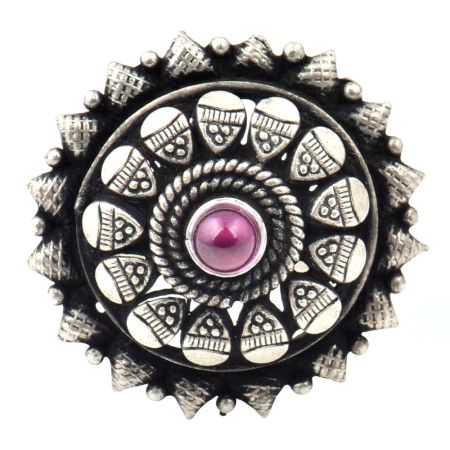 Adjustable 92.5Sterling Silver Ring Oxidized Starry Flower Design With Round Amethyst Stone