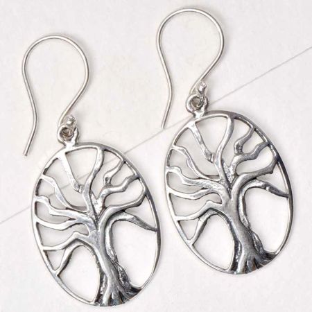 Round 92.5 Sterling Earrings With Single Tree of Life Motif