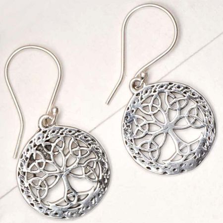 Round 92.5 Sterling Earrings Knotted Tree of life Etched Design Border