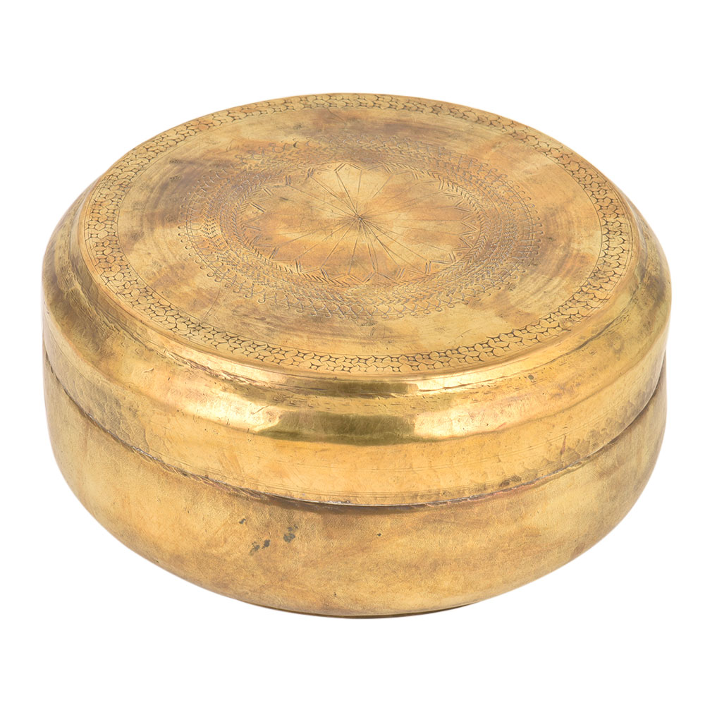 Round Brass Tiffin Box Flower Design In Centre Of Lid