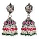 Dual Fish Engraved 92.5 Sterlling Silver Earrings Pink Tourmaline And Green Onyx Stone Jhumki