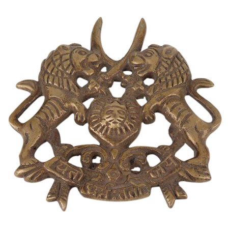 Brass Wall Hanging with Carved Two Lion Hunting Raj put Logo Design