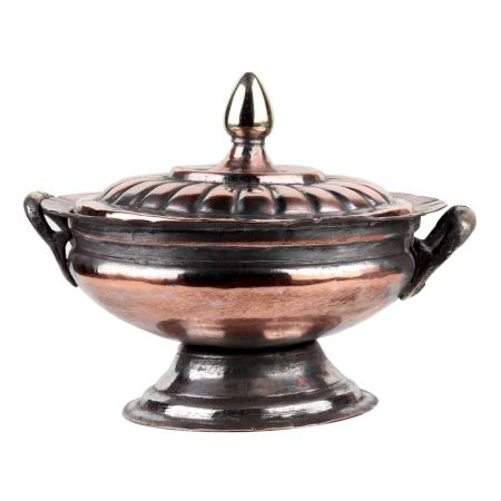 Copper Sugar Bowl With Fluted Design And Final Lid On Stand and Two Handles
