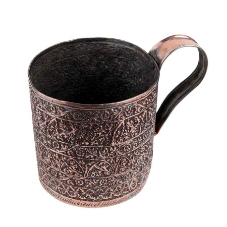 Copper Cup With Chiseled Floral Decoration And a wide Handle