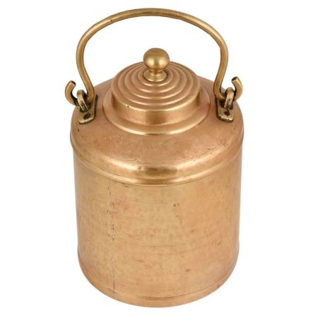 Brass Milk Pot Cylindrical Shape Knob Finial Engraved Cicrcular Lines On Lid