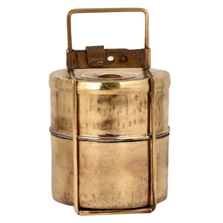 Tribal Two Tier Brass Tiffin Box With a Golden Brass Strap Frame