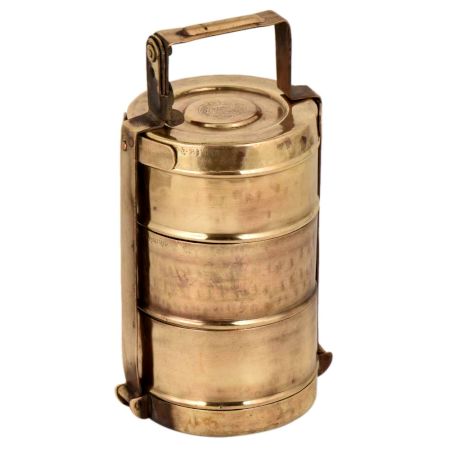 Brass Three Tier Brass Tiffin Box With Thick Frame And Locking System