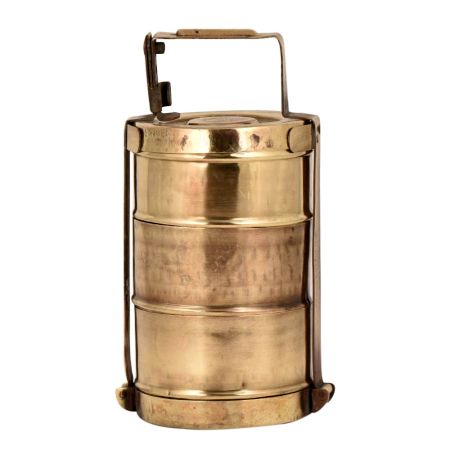 Brass Three Tier Brass Tiffin Box With Thick Frame And Locking System