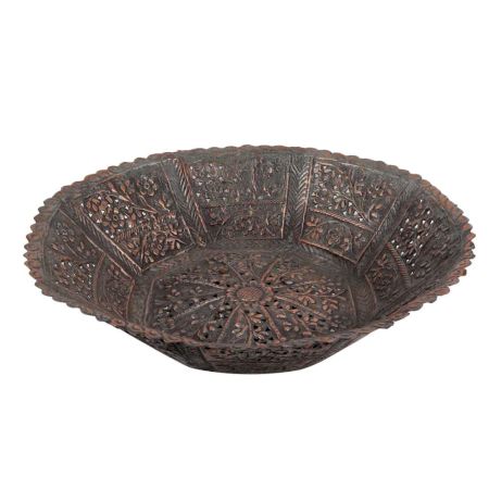 Copper Bowl Engraved Floral Scalloped Edges Geometric Base Fruit Ball