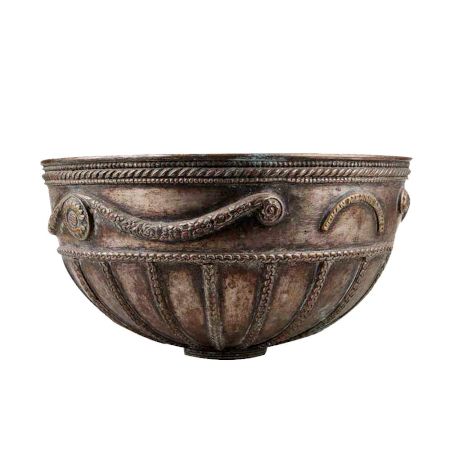 Brass Bowl With Embossed Hand Chiseled  Floral Bands  And Decorated Rim