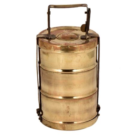 Brass Tiffin Box Three Container Thick Frame Decorative Kitchenware