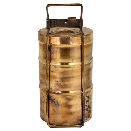 Old Brass Tiffin Box With Three Container and Patina Finish