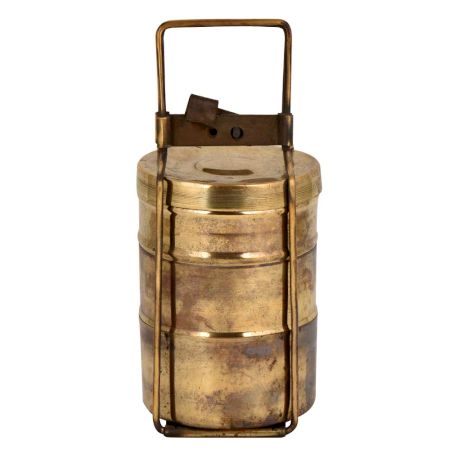 Golden Brass Tiffin Box Three Container Thin Brass Strap And Lock