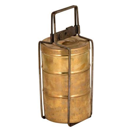 Handcrafted Brass Tiffin Box Three Storage with Thin Strap Frame