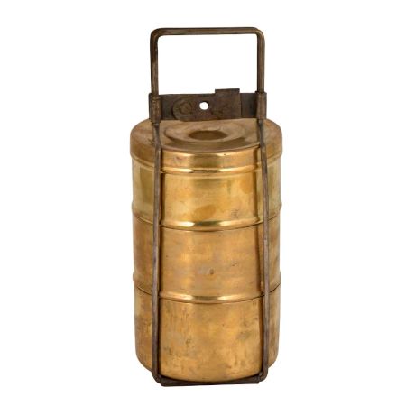 Handcrafted Brass Tiffin Box Three Storage with Thin Strap Frame