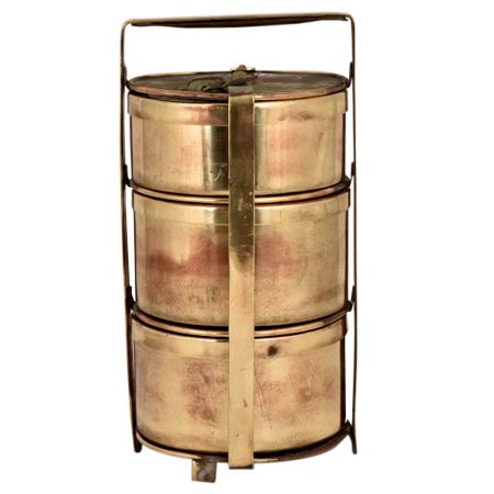 Brass Tiffin Box With Three Tier Disc Frame And Latch on The Top Container
