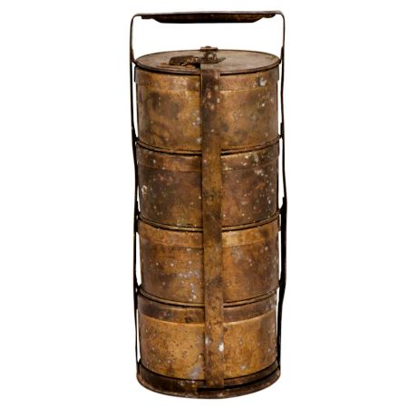 Old Brass Tiffin Box With Four Compartment And A Thick Disc Frame And Lock